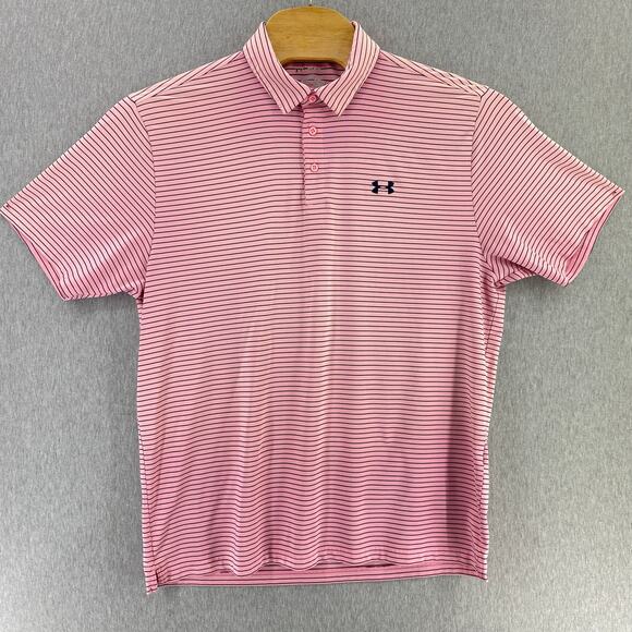 Under Armour Other - Under Armour Heatgear Golf Polo Pink Black Stripe Loose Fit  Mens Size 2XL